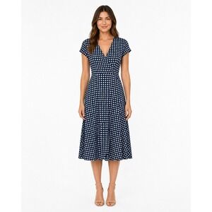 Leota Wrap Dress Womens M Blue White Check V Neck‎ Midi Stretch Workwear